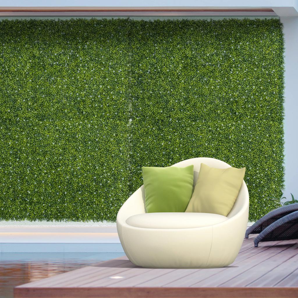 12PCS Artificial Boxwood Wall Panels 50cm X 50cm Grass Privacy Fence Screen Faux Hedge Greenery Backdrop Encrypted Milan Grass with White Flowers for