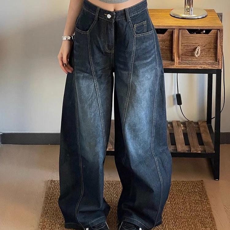 Retro High Street Scimitar Jeans: Women's Washed Wide-Leg Distressed Pants