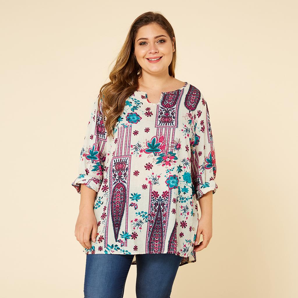 Women V-neck Long Sleeve T-shirt Summer Retro Print Blouse Tops Women V-neck Long Sleeve T-shirt Summer Retro Print Blouse Tops