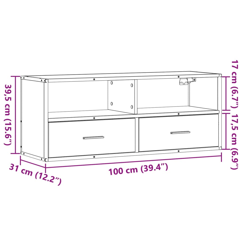 TV Stand Smoked Oak Finish 100 x 31 x 39.5 cm Engineered Wood and Metal