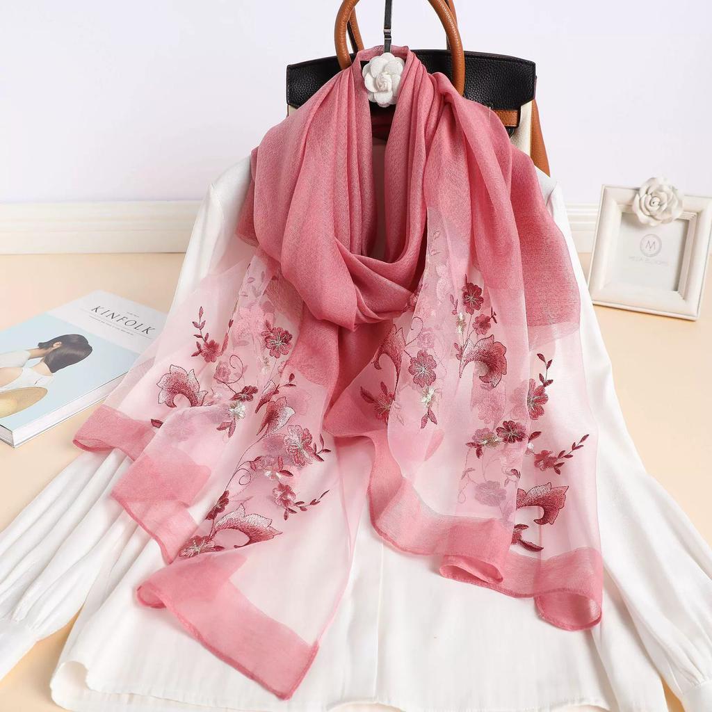 Silk Women Scarf Warm Wool Shawls Lady Wraps Floral Pashmina Embroidery Scarves Foulard Hijab New Long Female Hair Bandana