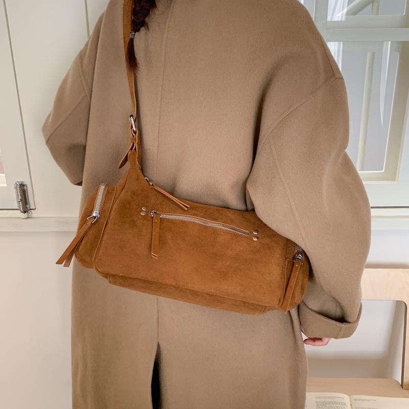 PU Suede Hobo Bag Women's Fashion Shoulder Tote with Multiple Zip Pockets Casual Everyday Handbag