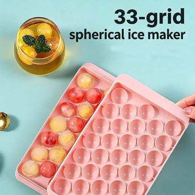 33 Grids Round Ball Ice Cube Tray Food Grade with Cover Reusable Ice Making Mold Freezer Ice Box for Home