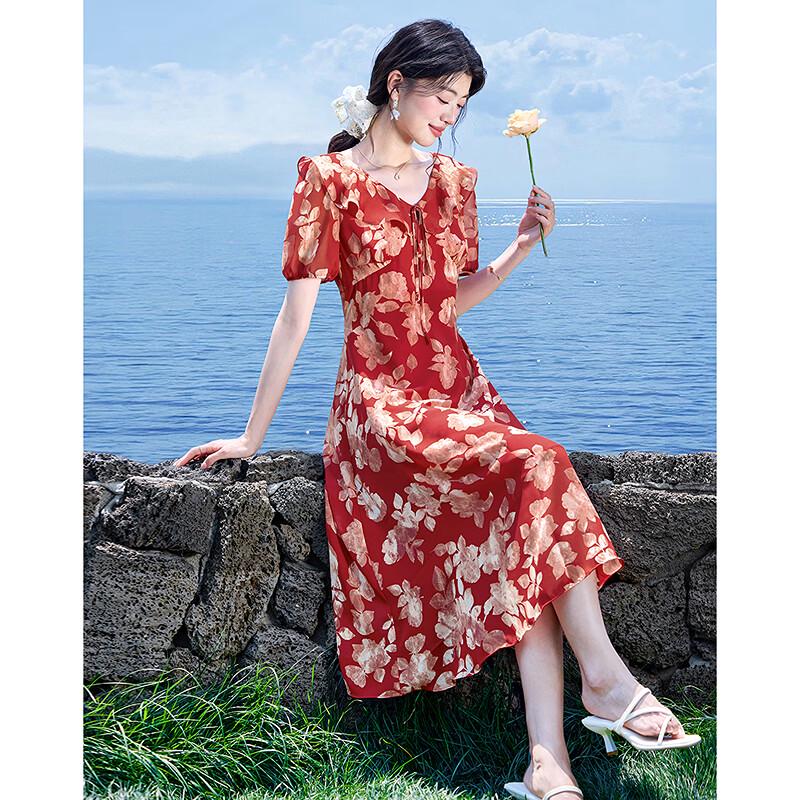 2026 Summer Red Floral Print A-Line V-Neck Dress S