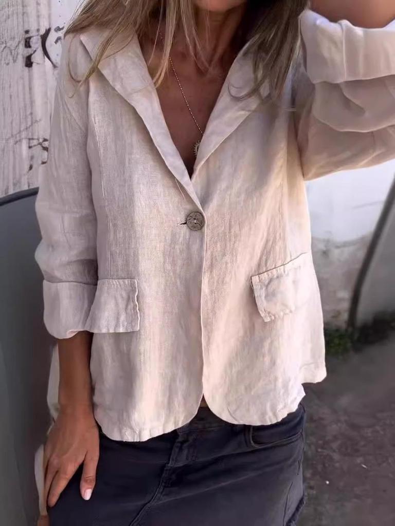 2024 Early Autumn Women's Plus Size Loose Cotton Linen Blazer with Notch Lapel Buttons