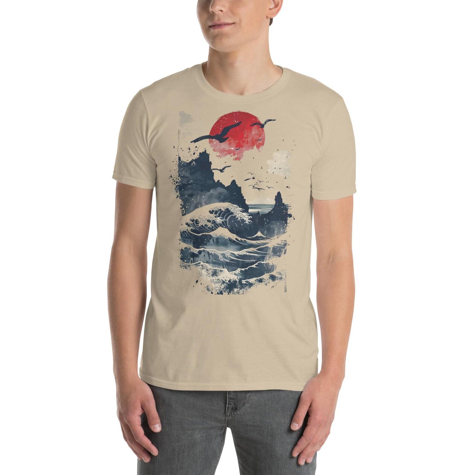 Japanese Wave T-Shirt – Unisex Red Sun and Ocean Graphic Tee – Perfect for Art and Nature Lovers S