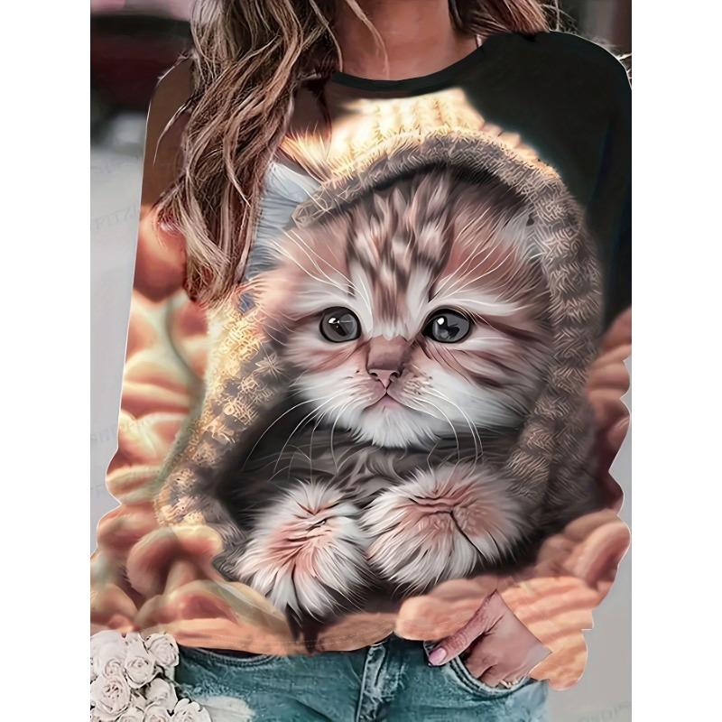 Women s Cute Cat Pattern Printed Women s Casual Long Sleeve Round Neck XS