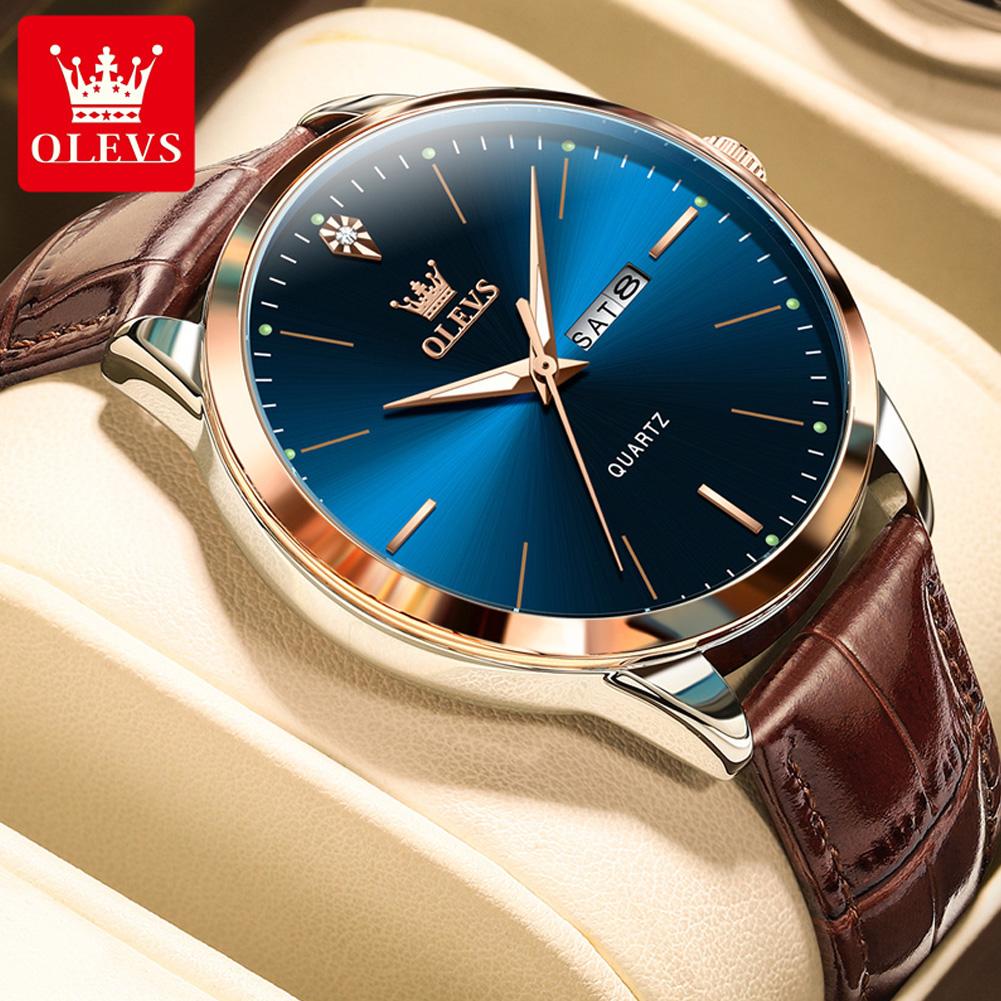 OLEVS Men's Watches Casual Fashion Original Brand Quartz Wristwatch for Man Waterproof Leather Strap Simple Trend Dress Date