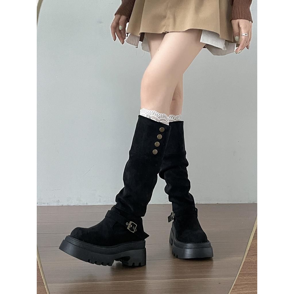 Black Retro Versatile Thick-soled Thick-heeled Boots Children's Boots 2025 New Autumn Thin and Heightened Knight Boots