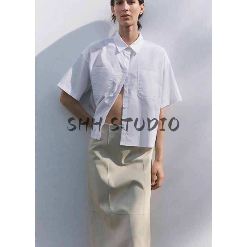 Spring New Women's Clothing Plaid Loose Lapels Poplin Cotton Short Sleeve Short Shirt Tops 4786067