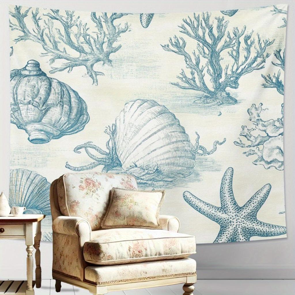 1 piece ocean style tapestry with shells, starfish and coral reefs polyester fabric, suitable for bedroom living room decoration
