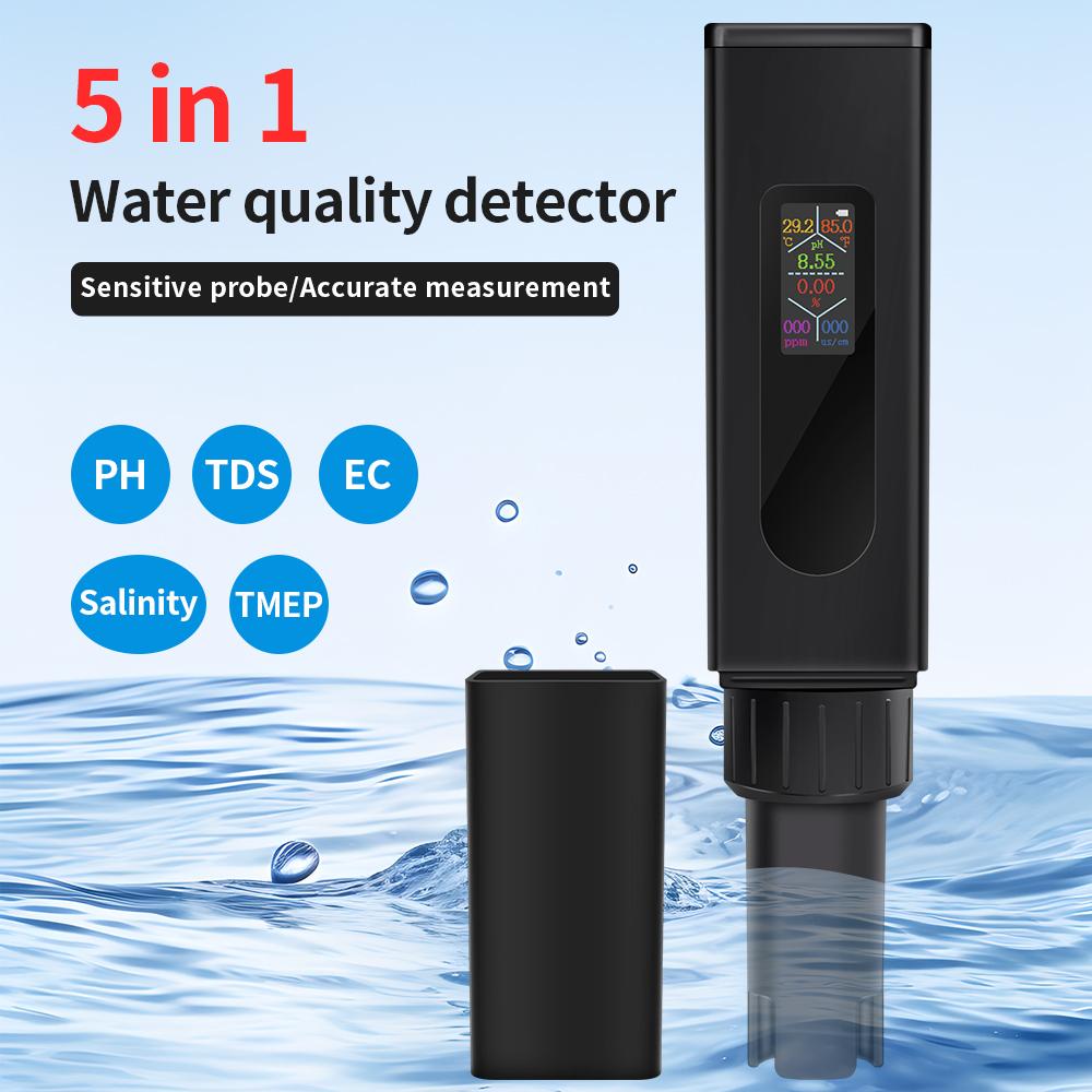 

Portable 5 in 1 Water Quality Tester Digital EC TDS Salinity TEMP PH Tester Type-C Rechargeable EC Detector for Aquarium Pool