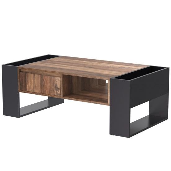 Wood Table Grain Coffee with Handle-less Drawer Open Shelf Side Storage Compartments Living Room Easy Assembly Rustic Rectangle Low Sofa Tea