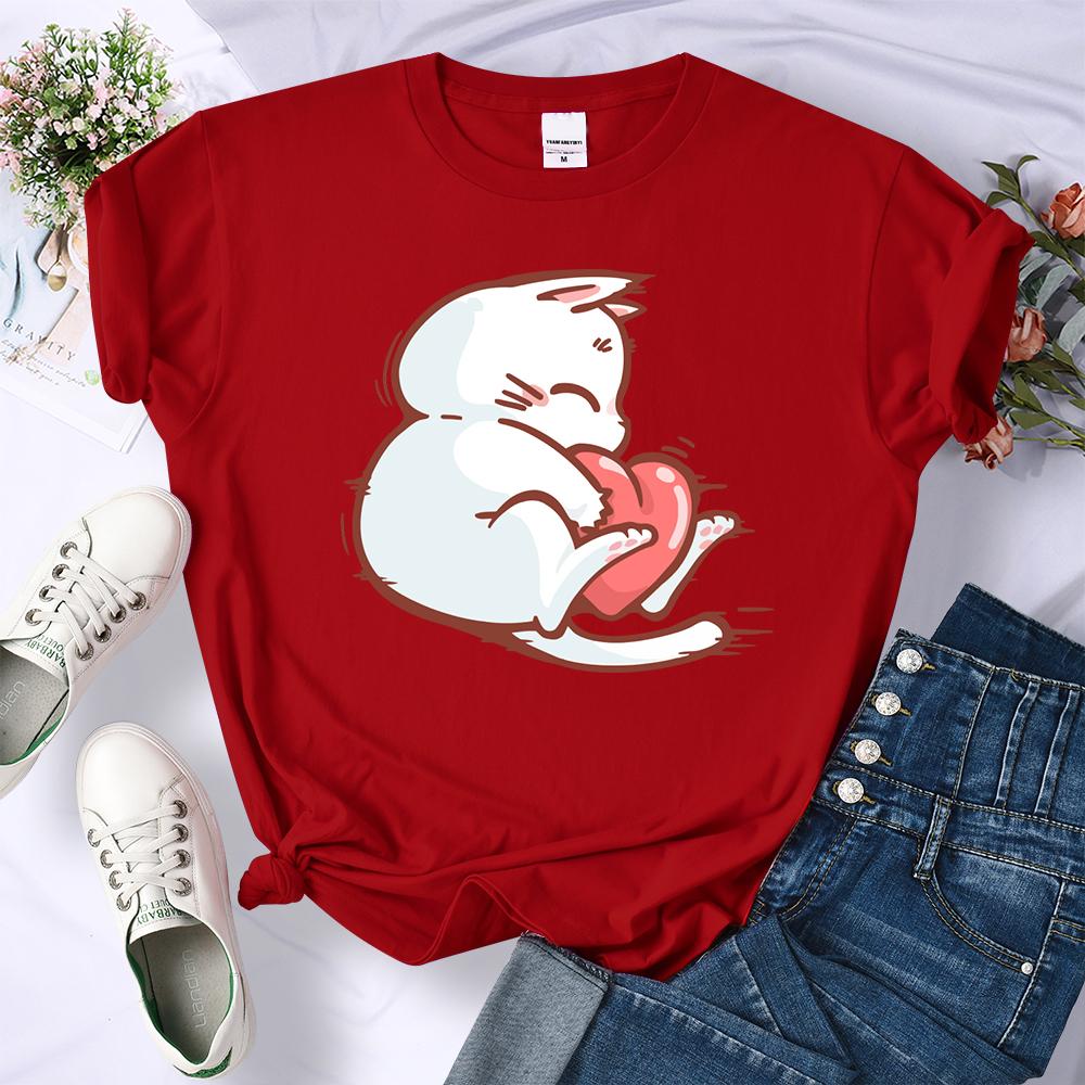 Embrace The Red Heart White Cat Summer 3D Printing Women T-Shirt Hip Hop Soft T Shirts All-Match Y2K Clothing O-Neck Casual Streetwear