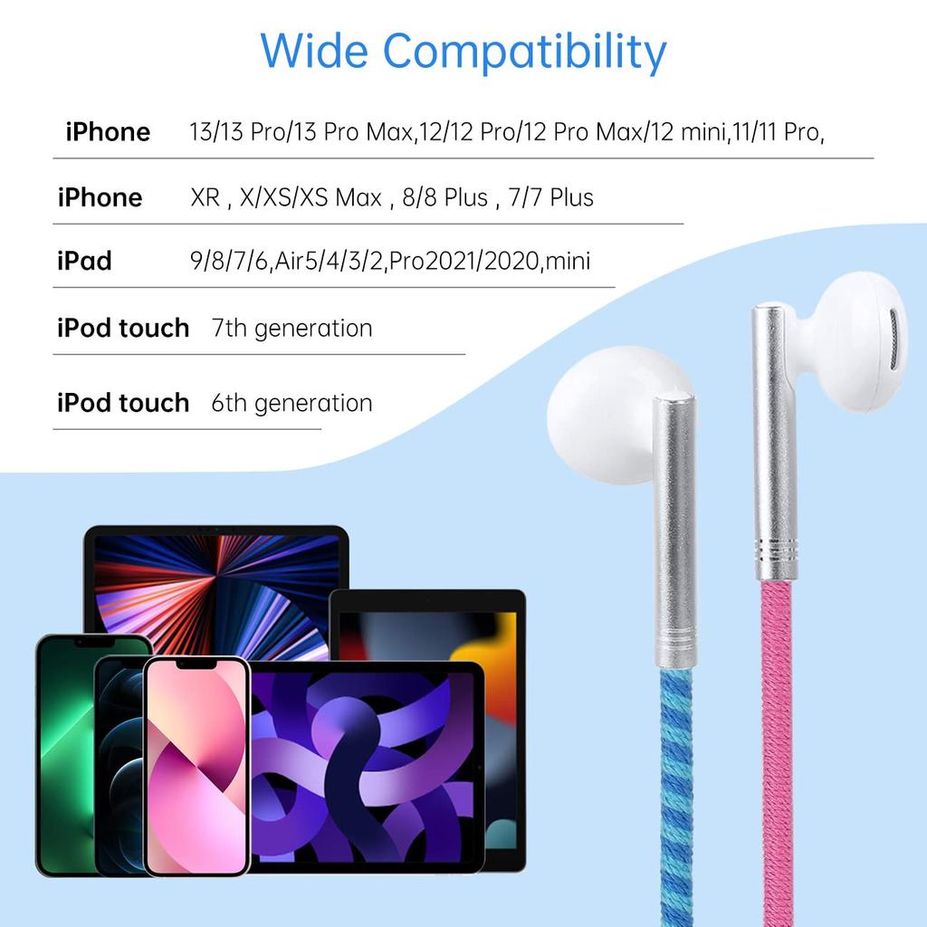 URIZONS Nylon Braided Wired Earphones, Tangle-Free, Lighting Earbuds with Microphone Controller, Noise Blocking, Compatible with iPhone 12miniProPro