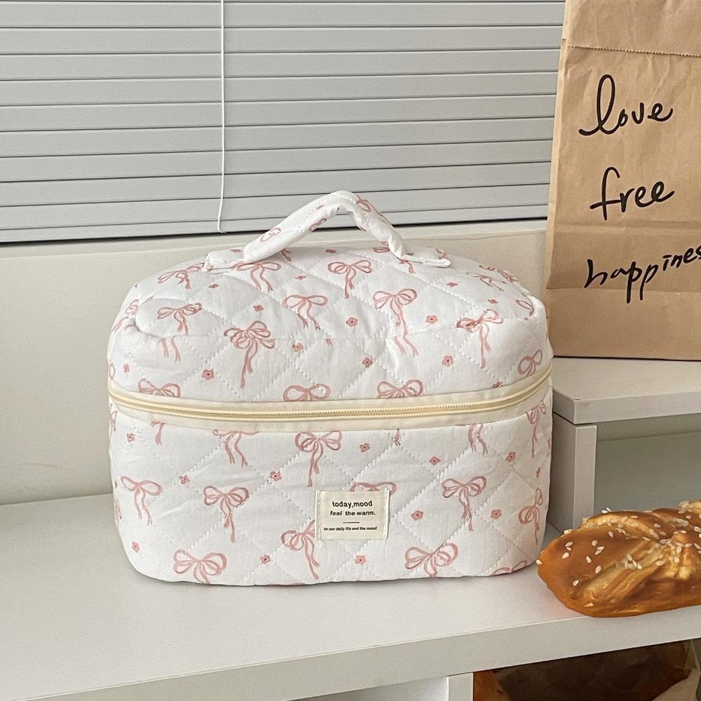 Fashion Korean Style Cosmetic Bag Multi-size Zipper Travel Storage Bags Pink Bow Plaid Makeup Quilted Bag for Women Girls