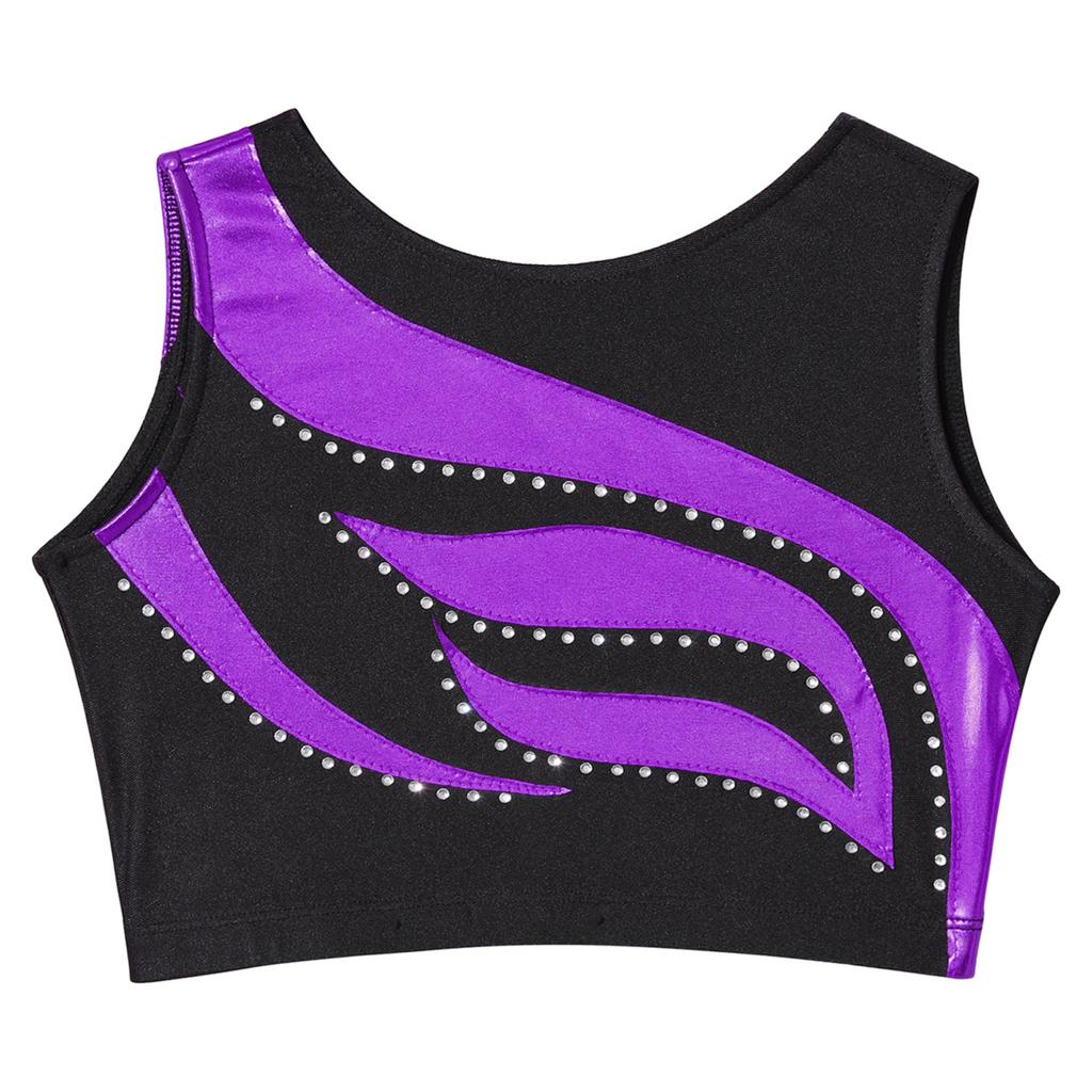 Girls Shiny Rhinestone Decor Dance Top Sleeveless Round Neck Jazz Performance Vest Tank Top