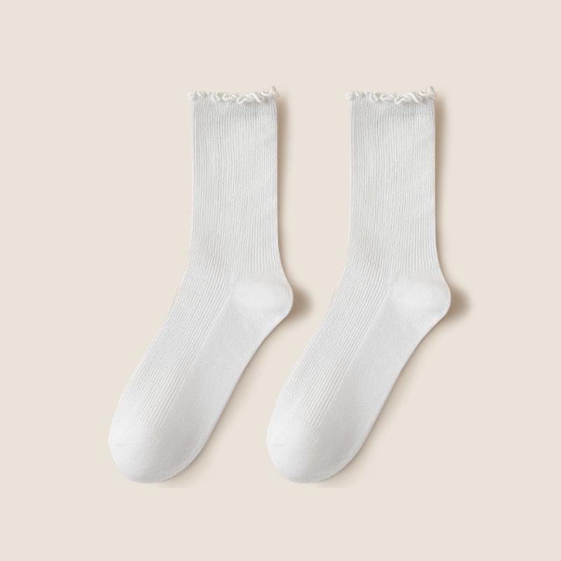 Women's Mid-Tube Wood Ear Edge Socks - Summer Thin Black & White Long Socks for Loafers