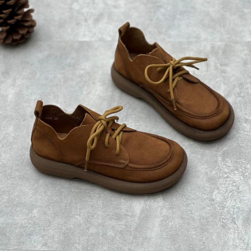 

Женские туфли ручной работы с круглым носком в стиле ретро, с плоским верхом, с высоким берцем, со шнуровкой, из мягкой воловьей кожи, женские одинарные туфли EU37/CN38 коричневый