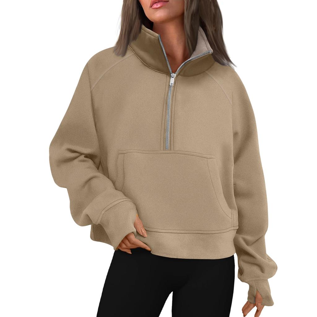 Women's Stand Collar Plus Fleece Solid Color Hoodie Long Sleeve Pocket Loose Half Zip Pullover Hoodie Top