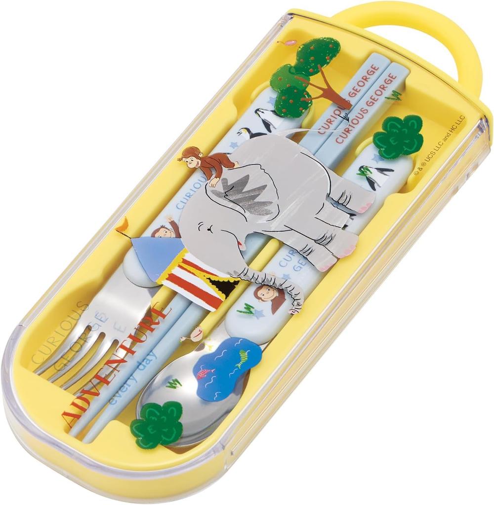 Curious George Trio Chopsticks Fork Bento Chopsticks Made In Dishwasher ZOO Set Freezer Set 16.5cm, Spoon, 13cm, Case, Slide-out Chopsticks, Japan,