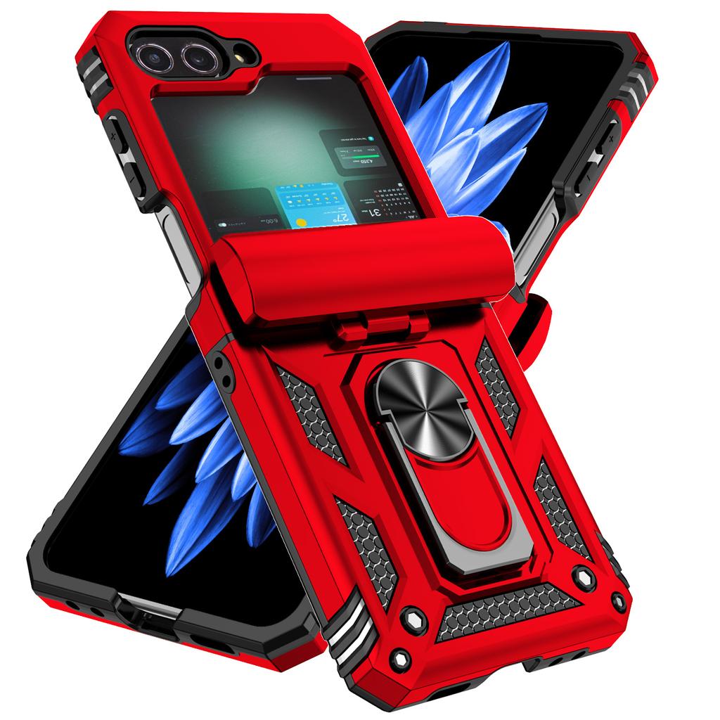 For Samsung Galaxy Z Flip 6 5 4 3 Case with Slide Lens Cover, 360° Magnetic Ring Kickstand Upgraded Military Grade Shockproof