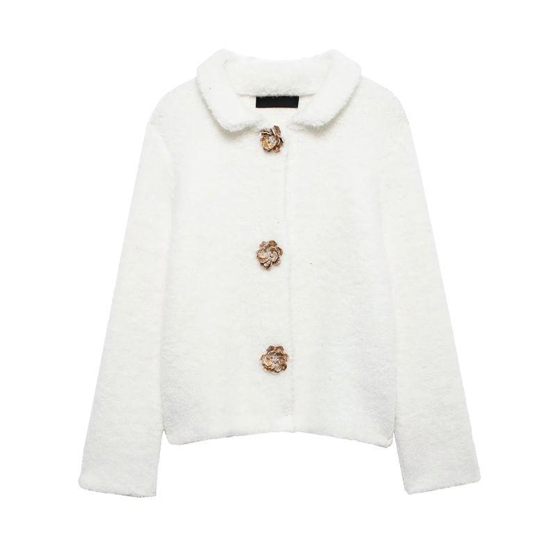 Spring New Women clothes French style Flower Shape Decorated Row Button Artificial Fur Effect Knitting Outerwear 9598175