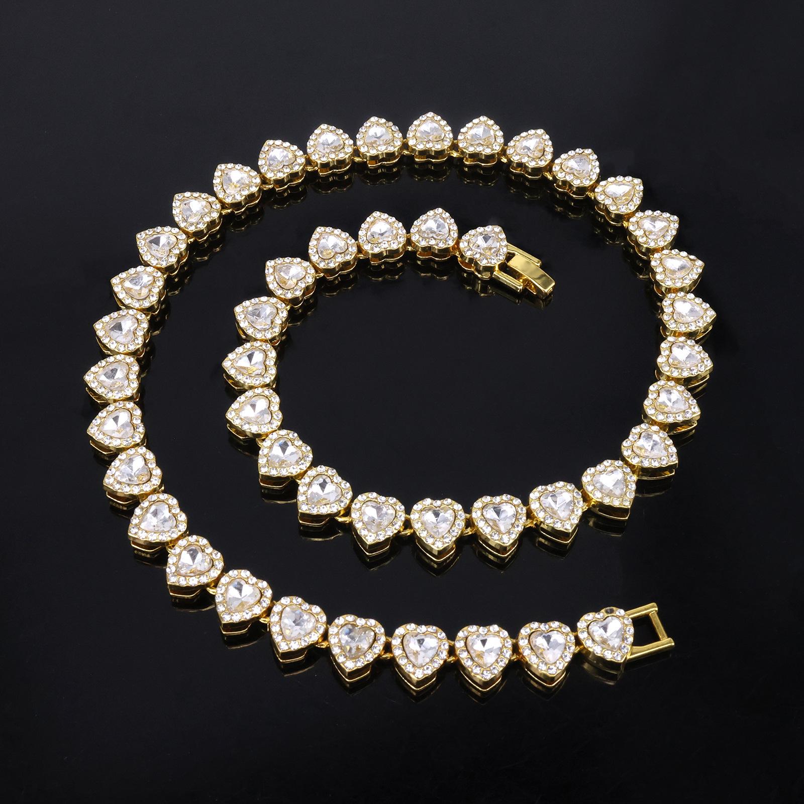 Iced Out Heart Tennis Chain Necklace, 18K Gold Plated Cubic Zirconia Heart Link Chain, Hip Hop Bling Heart Choker Necklace for Men Women (10-70cm) 18cm (bracelet)