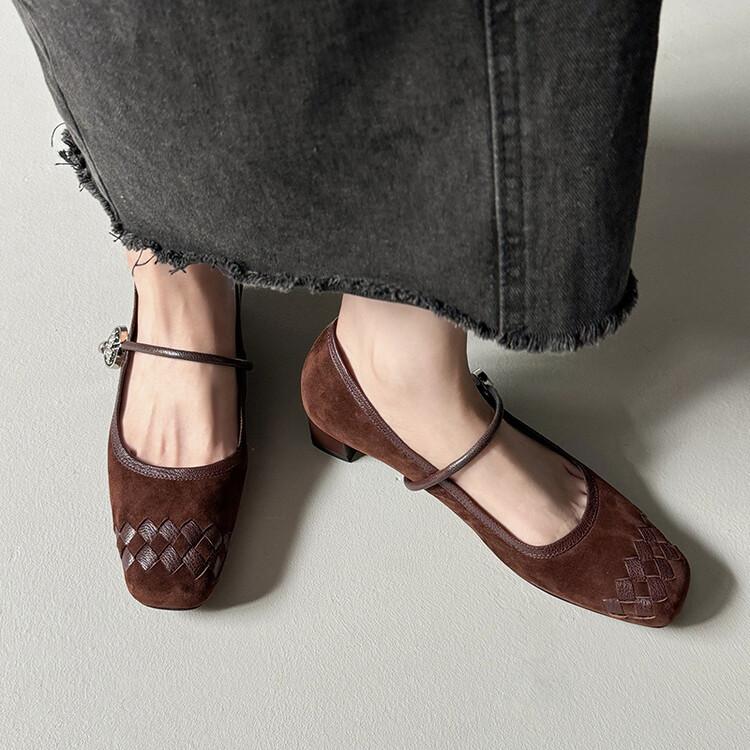 2025 Autumn New Retro Square Head Woven Light Mouth Single Shoes with Medium Heel Thick Heel Mary Jane Shoes Fashion Shoes Women