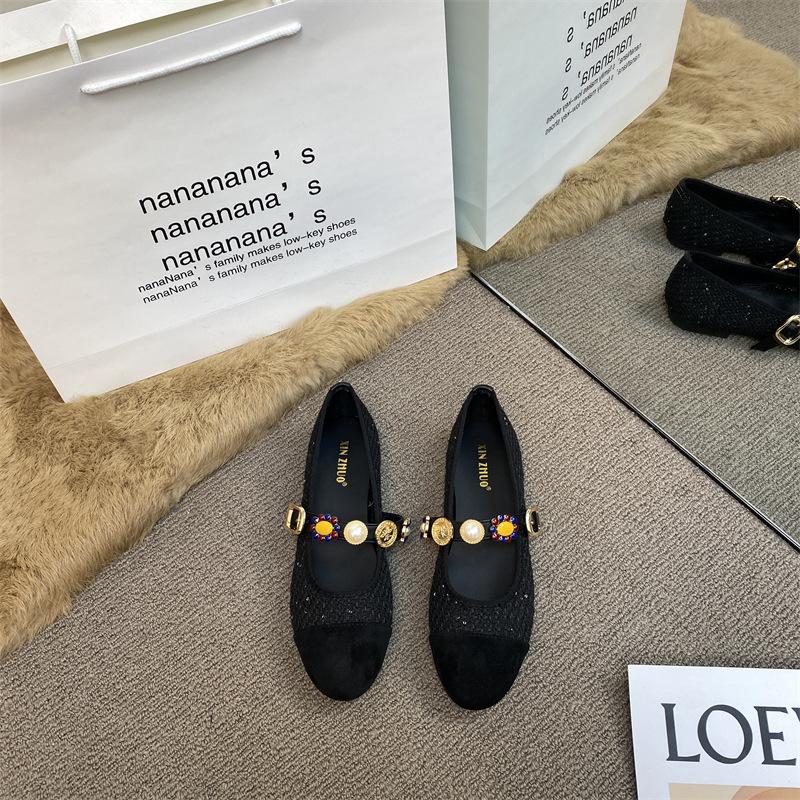 XINZHOU Xiaoxiangfeng Round Head Metal Buckle with Mary Jane Shoes Women's Shallow Mouth Rough Flower Versatile Flat-soled Single Shoes