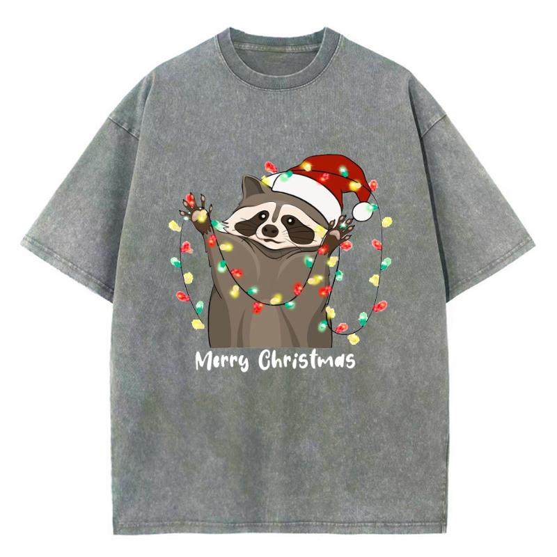 Christmas Cartoon Animal Print Women's T-Shirt New Oversized Washed Denim Short Sleeve Cute Casual Top
