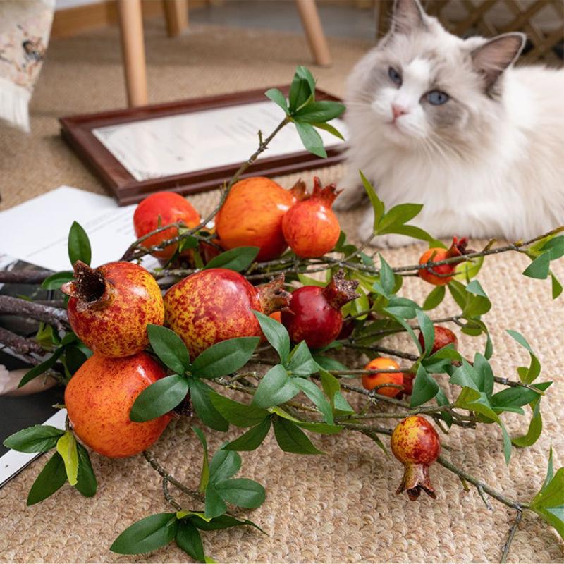 3pcs Artificial Pomegranate Stems with Leaves, Faux Fruit Branches for Rustic Home Decor, Fall Centerpieces, Wedding & Holiday Arrangements,73cm