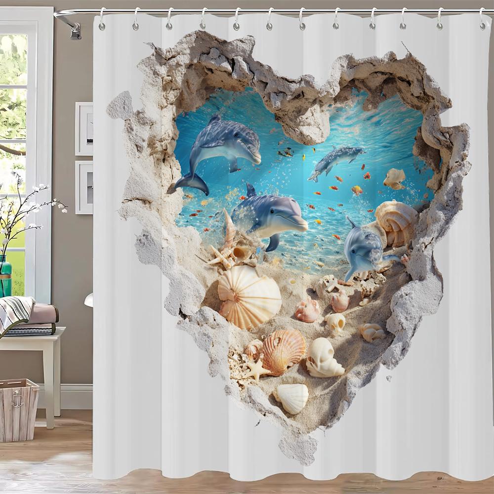 

Funny Cartoon Love Dolphin Printed Shower Curtain, Bathroom Decorative Curtain, Waterproof Shower Curtain With Hooks W60H190(CM)-1 Pcs