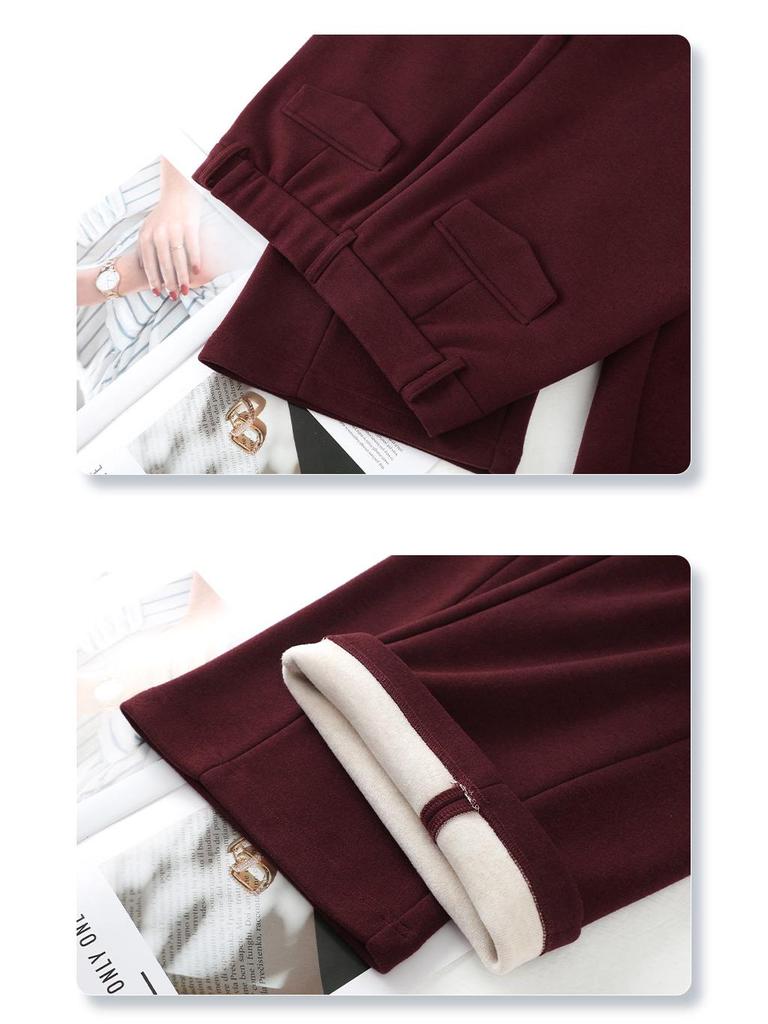 Ancola Women's Red Wool Pants: 2024 Autumn/Winter Plus Velvet Straight-Leg Wide-Leg Style