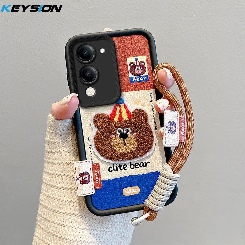 

KEYSION Cartoon Cute Plush Embroidery Case for VIVO Y04 with Lanyard Soft Silicone Shockproof Phone Cover for VIVO Y29s 5G for VIVO Y29s 5G