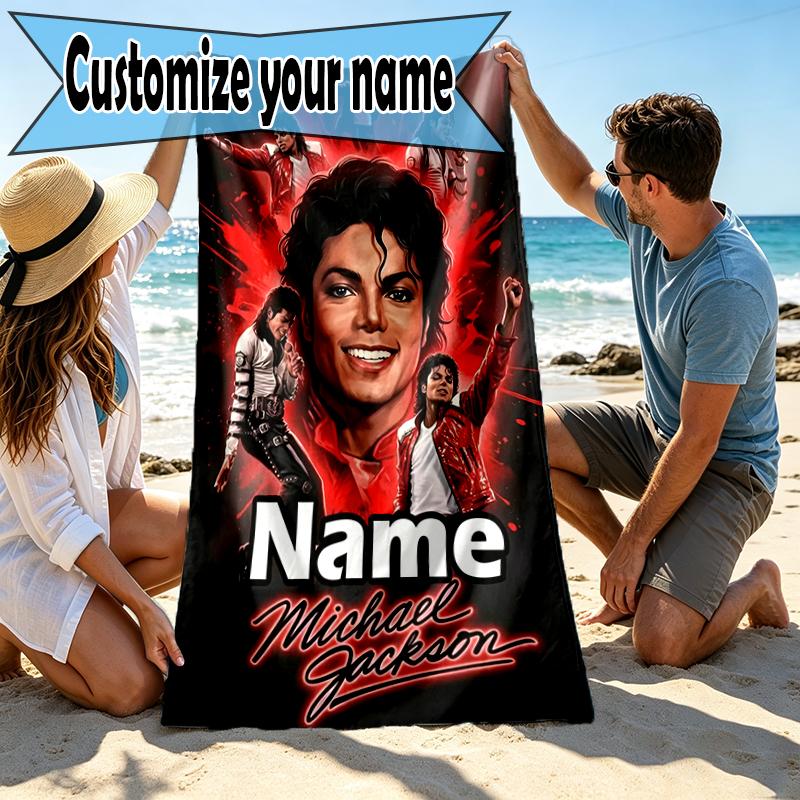 Personalisierbares Strandtuch mit individuellem Namen und Michael Jackson Druck, für Reise Camping Strandparty Heimdeko, Geburtstagsgeschenk für Familie & Freunde