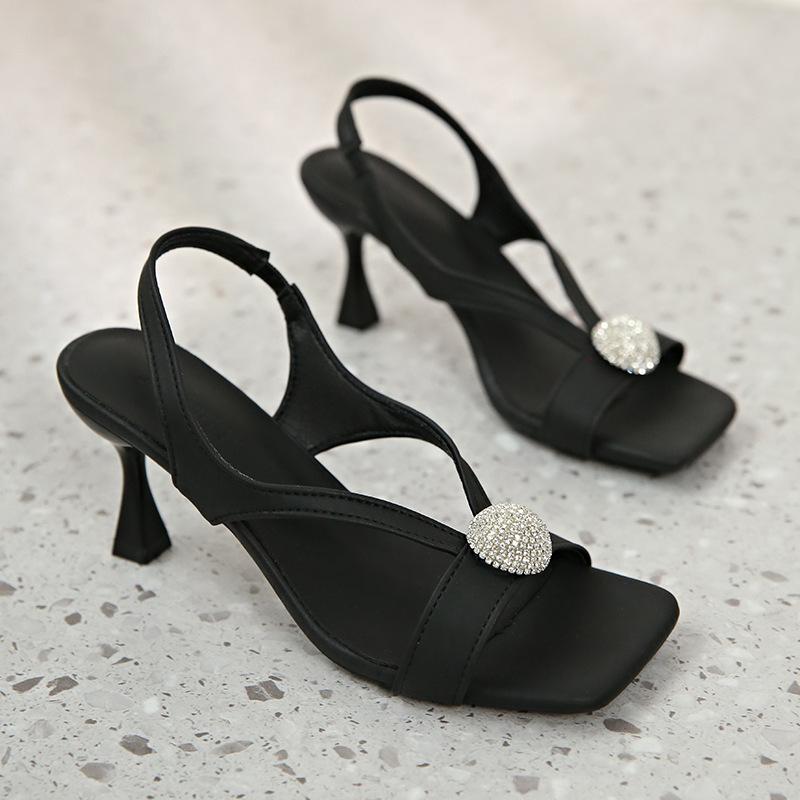 2025 Summer New with Skirt Square Head Fashion Sandals Women's Korean Version High Heel Thin Heel Elegant French Rhinestone Women's Shoes
