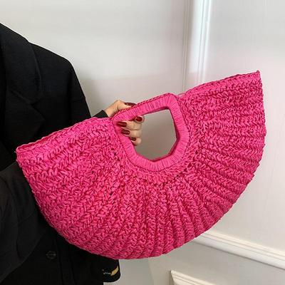 Women Handmade Straw Tote Bag Large Capacity Bohemia Moon Handbag Solid Color Half-Moon Straw Handbag Female Daily Bag