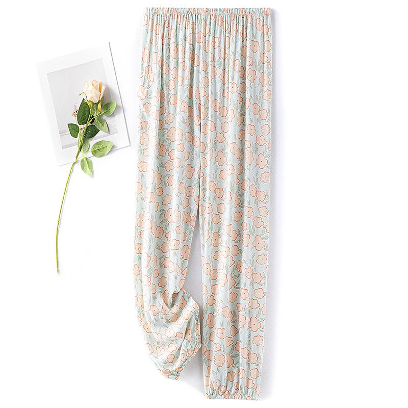 

Пижамные брюки из хлопкового шелка, женские летние тонкие антимоскитные широкие брюки, однотонные, для отдыха на открытом воздухе, для дома, с принтом, пляжные брюки Nine-minute One Size