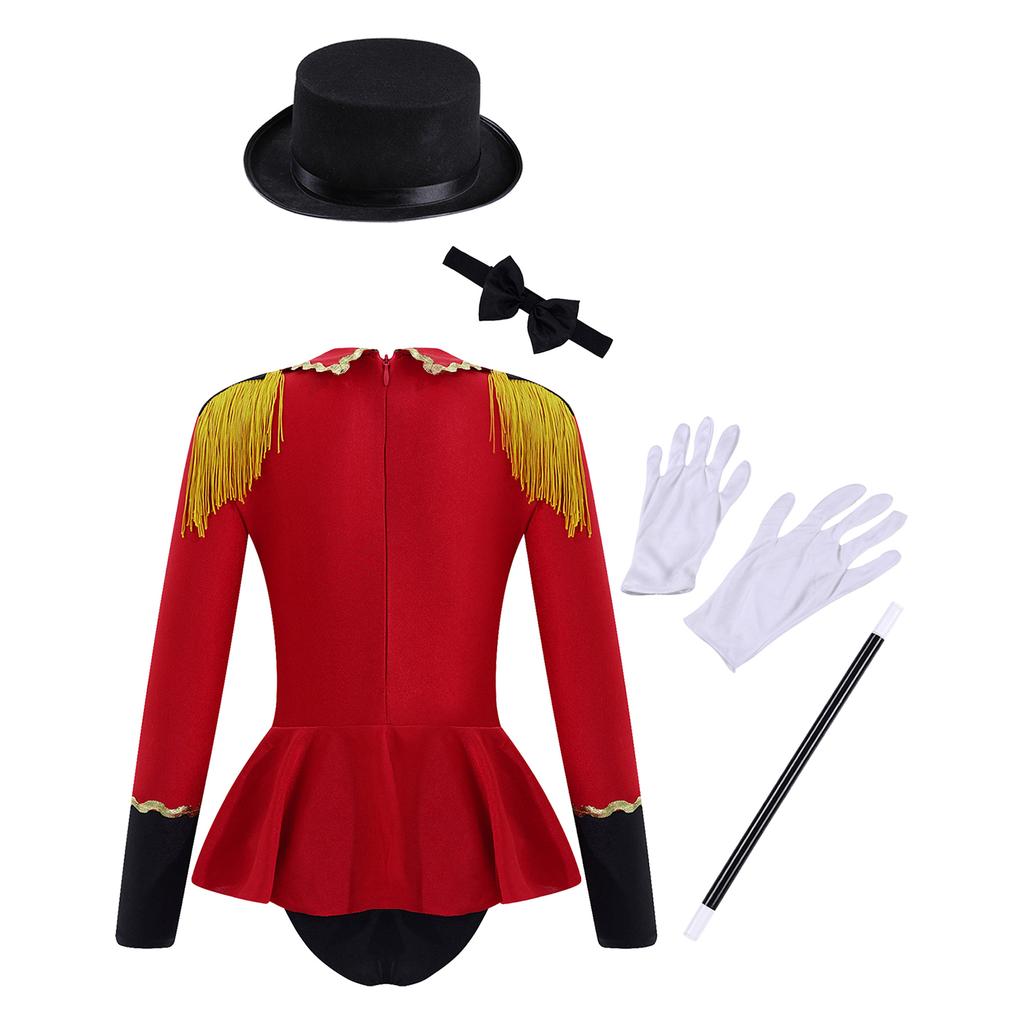 Girls Circus Costume Set Long Sleeve Lapel Tassel Shoulder Back Zipper Leotard Bow Tie Hat Magic Wand Gloves