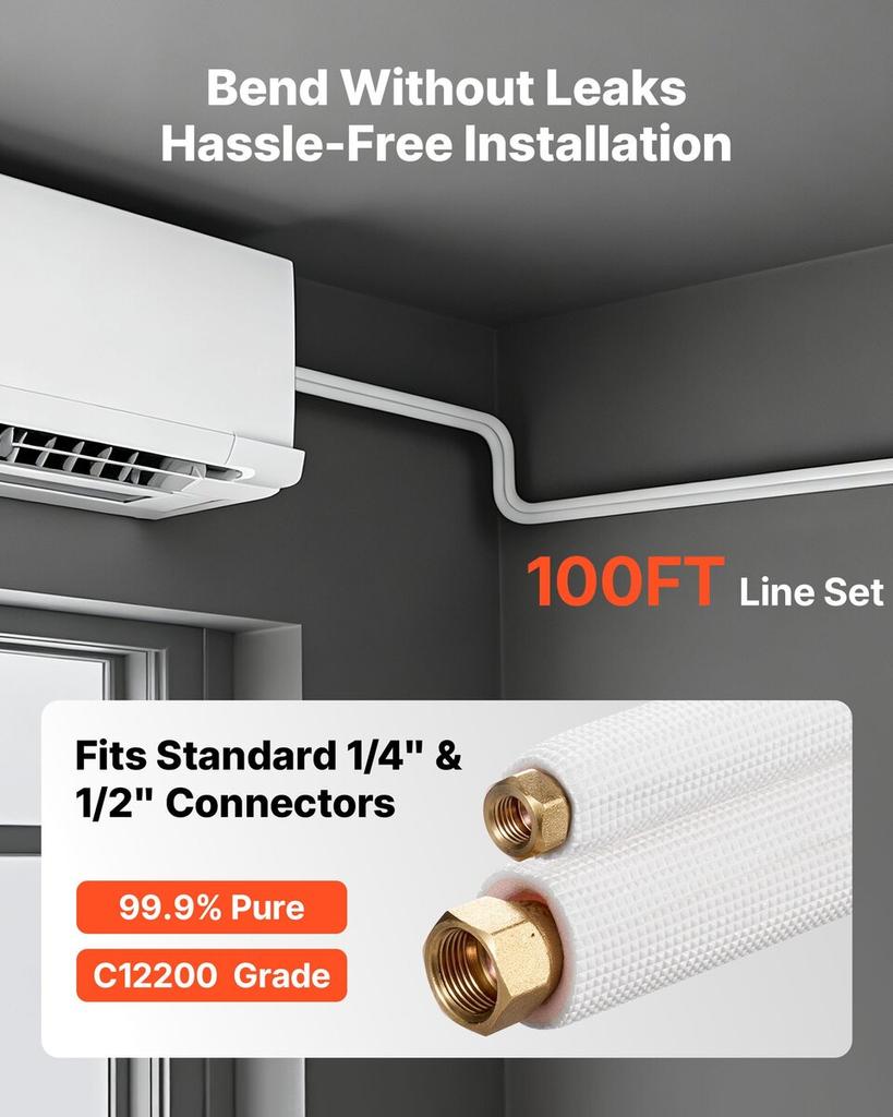 30.5m Mini Split Line Set, 6.4 & 12.7mm OD AC Copper Tubing Pipe, 3/8 White PE Thickened Insulated Coil with Flared Nuts, Strapping Tapes, for Mini