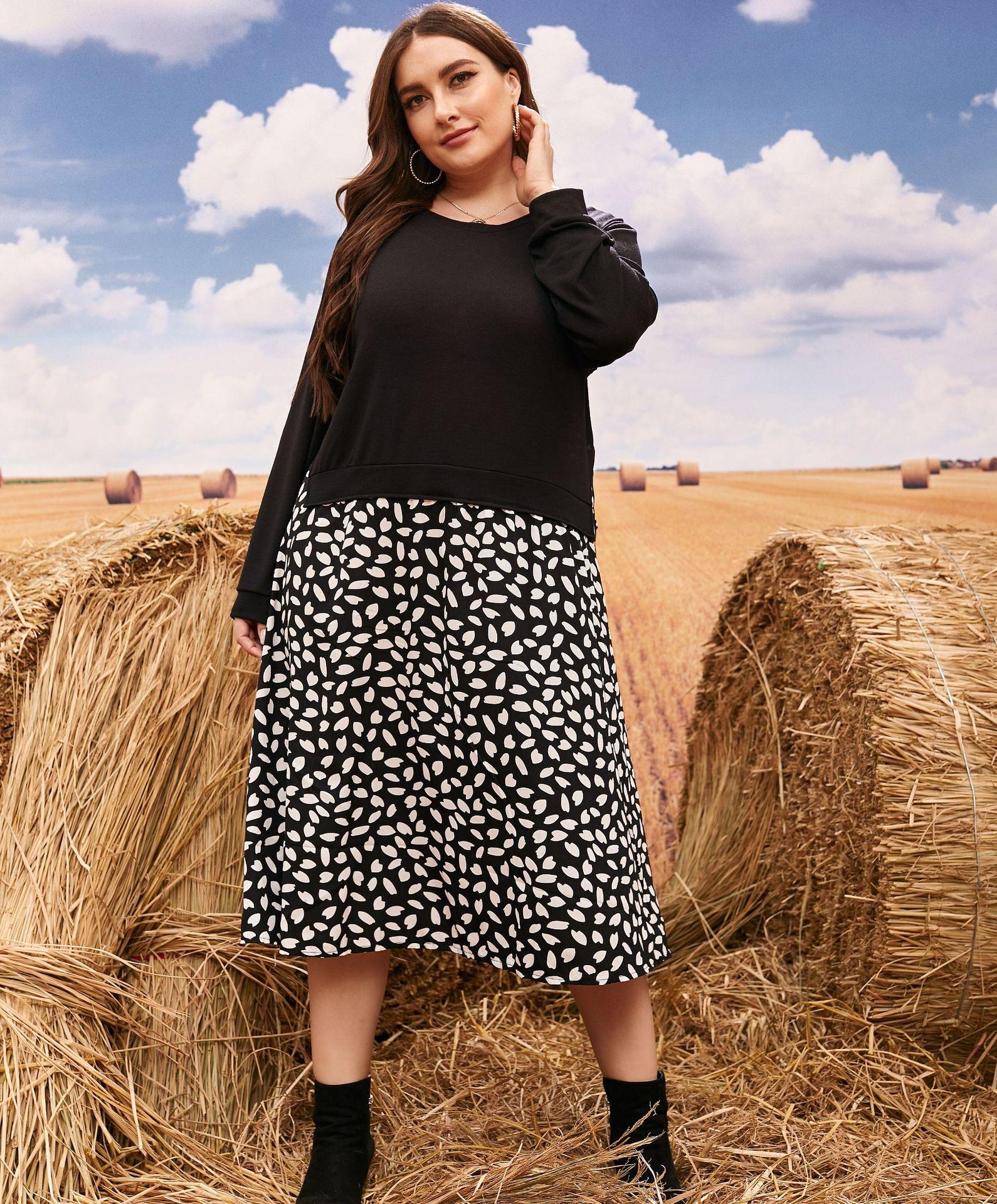 

Плюс размер осень-зима с круглым вырезом и длинным рукавом вязаное лоскутное свободное платье L-4XL