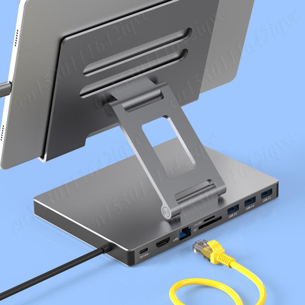 Type C Docking Station Aluminum Alloy USB C Docking Station Laptop Stand USB3.0 PD RJ45 USB Hub Adapter Dock for Laptop Tablet