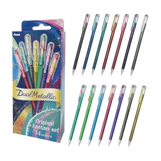 Pentel Dual Metallic Gel Pen Set, 14 Colors, Glitter Ink, 1.0mm