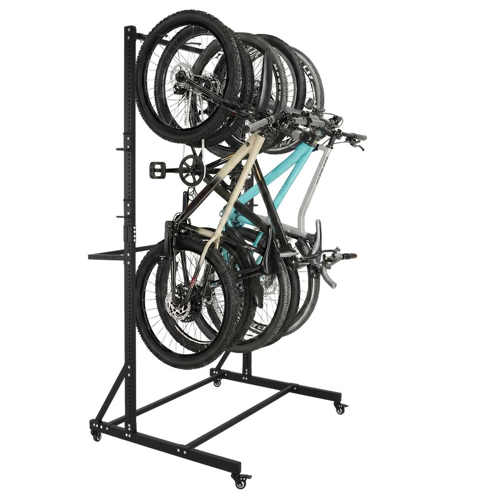 Freestanding Bike Storage Rack with Locking Casters 6 Hooks Heavy-Duty Hanging Bike Holder Height Adjustable Home Garage Stand