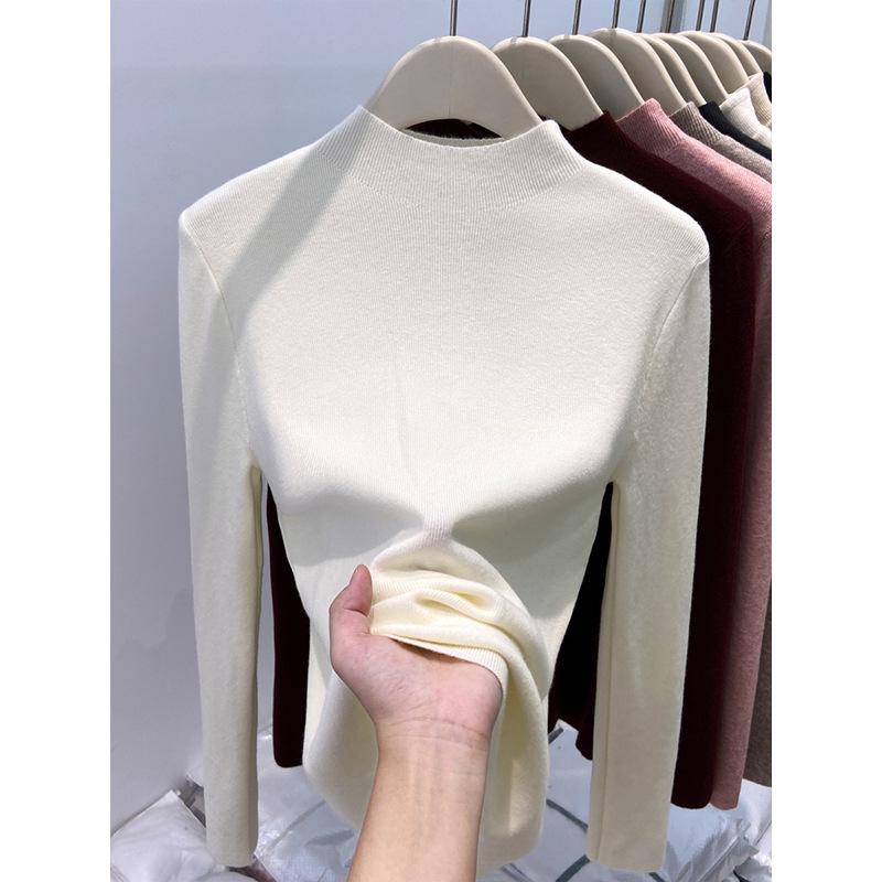 Korean version of temperament slim-fitting semi-turtleneck front shoulder long-sleeved knitted sweater for women's autumn and winter sexy pure desire