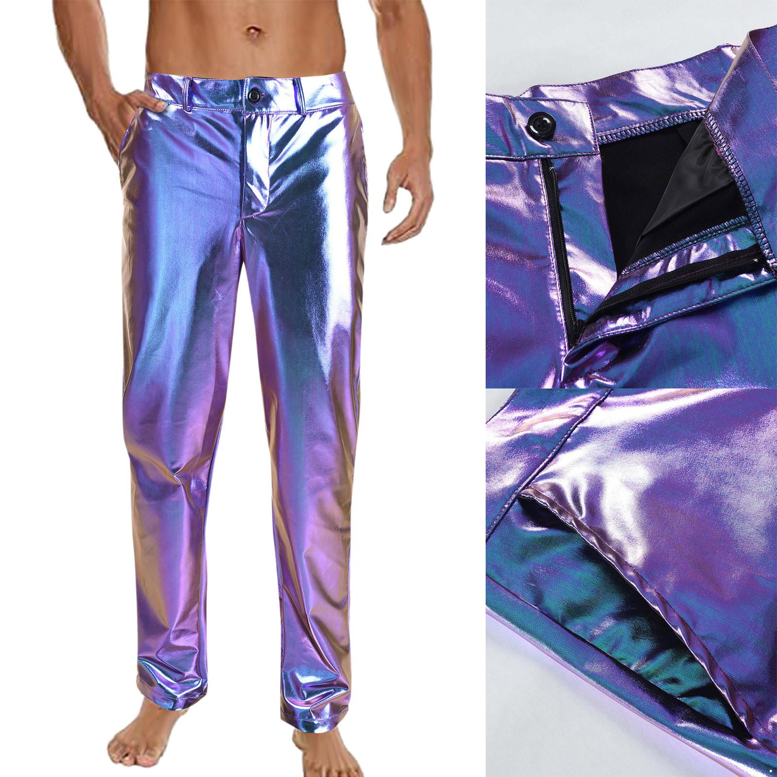 

Mens 80s Disco Trousers Metallic Shiny Straight Leg Design Side Pockets Long Pants Dance Costume M фіолетовий