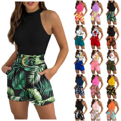 Sleeveless Vest Casual Shorts Suit Women O-Neck Sleeveless Tank Top Shorts Set For Womens With Belt