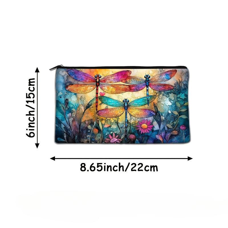 1pc Colorful Dragonfly Makeup Bag Hypoallergenic Cosmetic Pouch with Floral Insect Design Travel Organizer Bag for Women