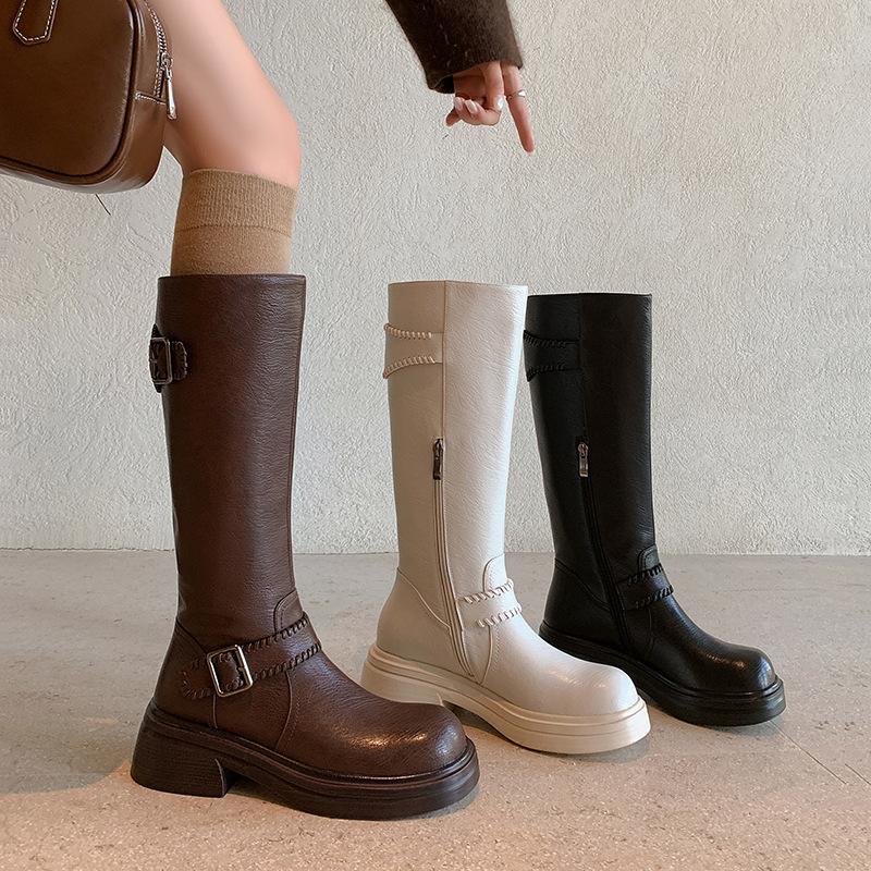 Sweet and cool Spice Girls simple but knee knight boots 2025 autumn and winter new round head thick sole thick heel belt buckle high boots